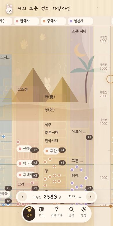 폰에서 본 타임라인. 한국사·중국사·일본사 세 줄이 나란히 보인다